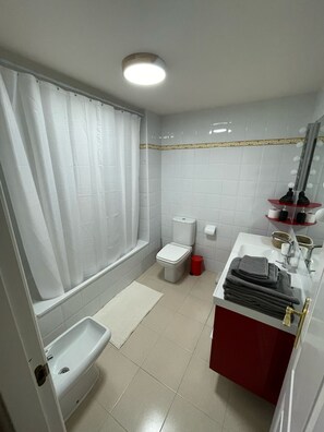 Hair dryer, bidet, towels, toilet paper