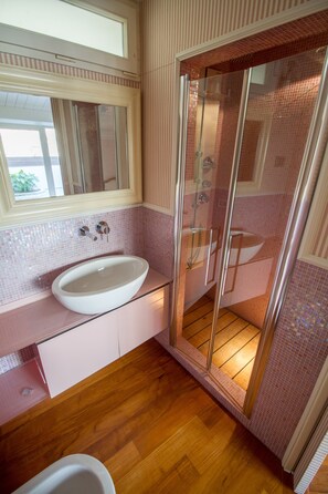 Regadera, tina de hidromasaje, secadora de cabello, bidet 