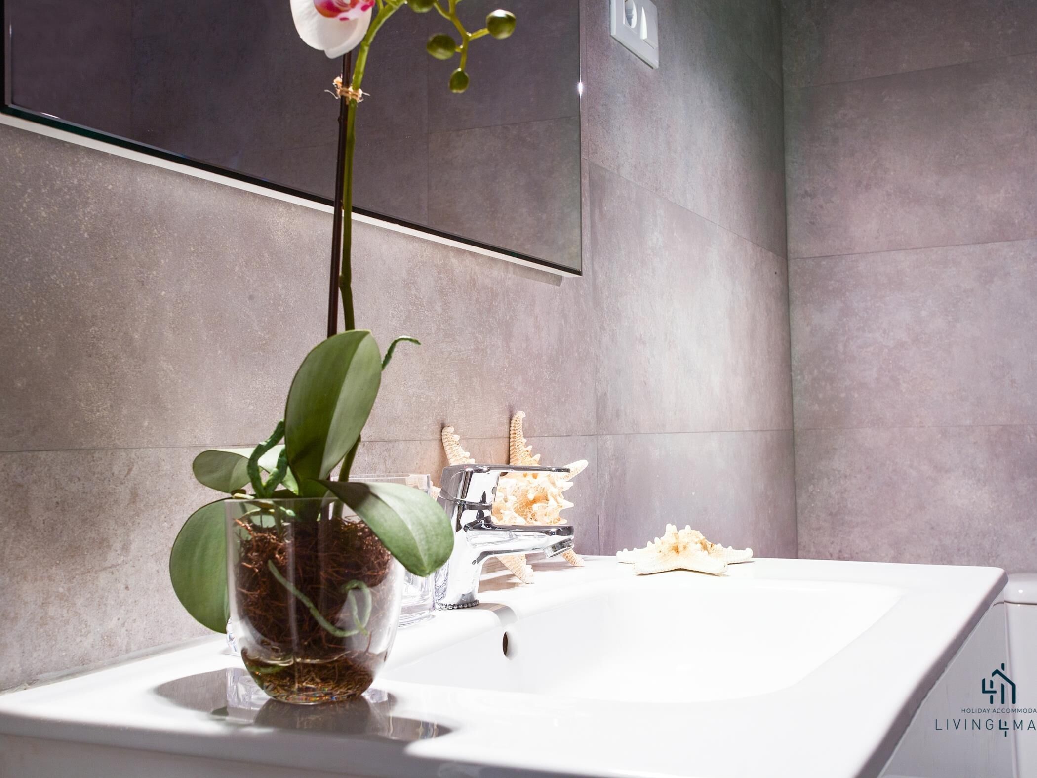 A bathroom with a white sink, a potted orchid, and a decorative coral piece.