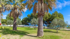 A park with palm trees and a white fence in the background. - SUN OF THE BAY I (B3 - A2) - Apartment with sea views in Port d'Alcudia. Free WiFi (Alcúdia)