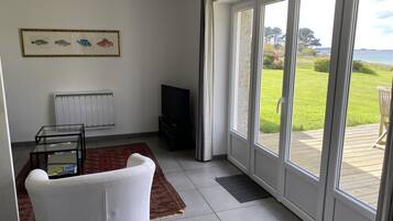 Télévision à écran plat, lecteur de DVD, vidéothèque, chaîne hi-fi