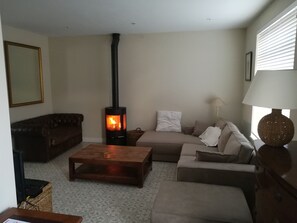 Smart TV, fireplace, DVD player, foosball