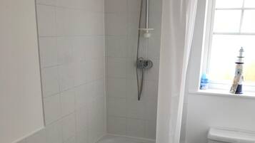 Ein Badezimmer mit Badewanne, Toilette und Dusche.
