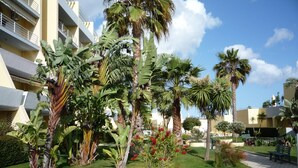 Ein üppiger Garten mit Palmen und tropischen Pflanzen, ein gepflasterter Weg und ein Gebäude mit Balkonen.