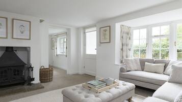 Smart TV, fireplace, DVD player, books