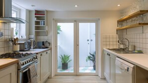 A kitchen with a stove, sink, and cabinets. There is a door leading to a balcony with plants.