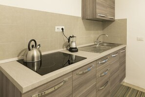 Cocina moderna con estufa integrada, hervidor, cafetera, lavabo y muebles de madera.