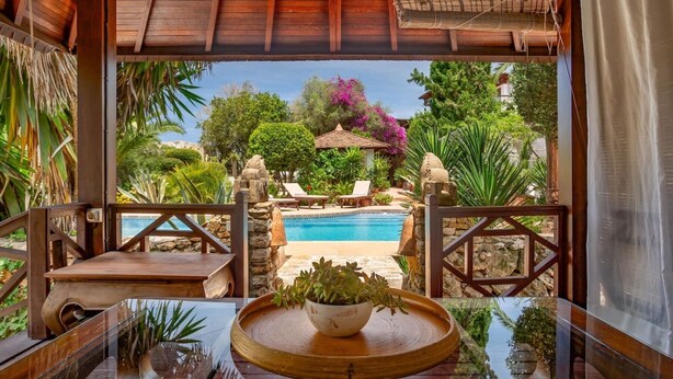 A wooden deck with a glass table, a bowl of plants, and a view of a pool and garden.