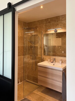 Combined shower/bathtub, hair dryer, towels