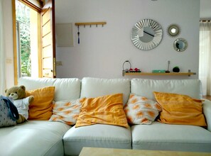 Televisión, chimenea, reproductor de DVD, libros
