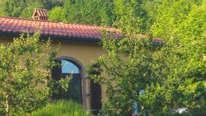 Una casa con techo de tejas rojas, ventanas arqueadas y rodeada de abundante vegetación.
