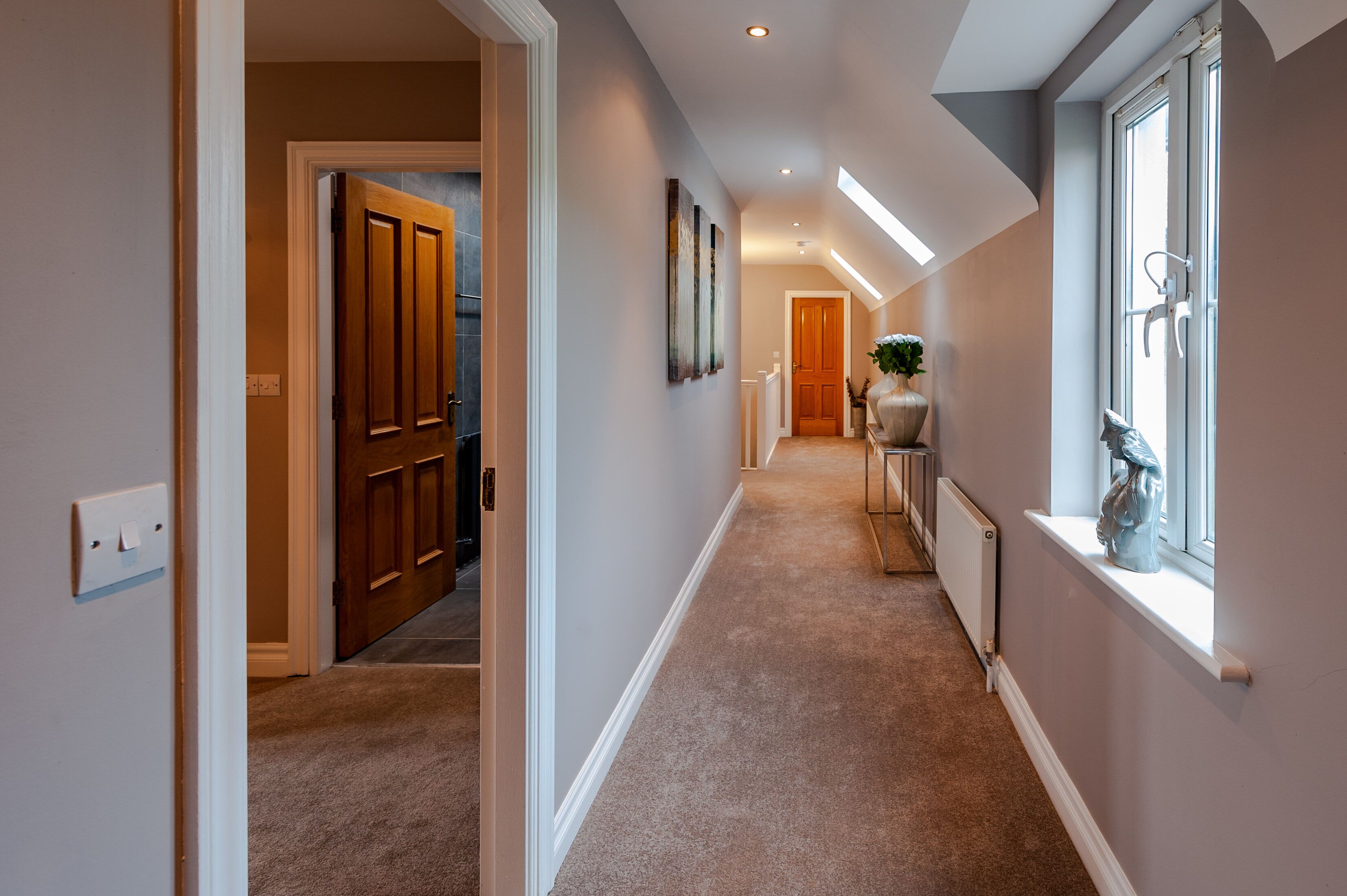 A hallway with a carpeted floor, a wooden door, and a window with a plant.