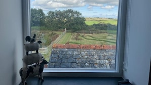 A window with a view of a rural landscape, including a stone wall and a grassy field. - Stylish rural retreat with king-size comfort, close to Bude's stunning coastline (Bude)
