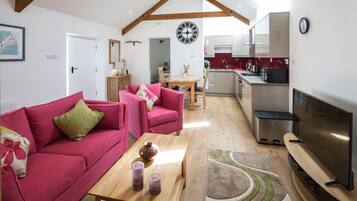 Smart-tv, eldstad, dvd-spelare och böcker