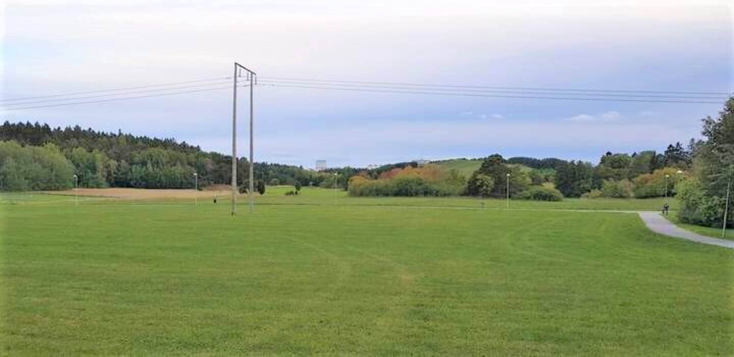 A large open grassy field with a tall metal structure, possibly a wind turbine, and a paved path curving through the landscape.