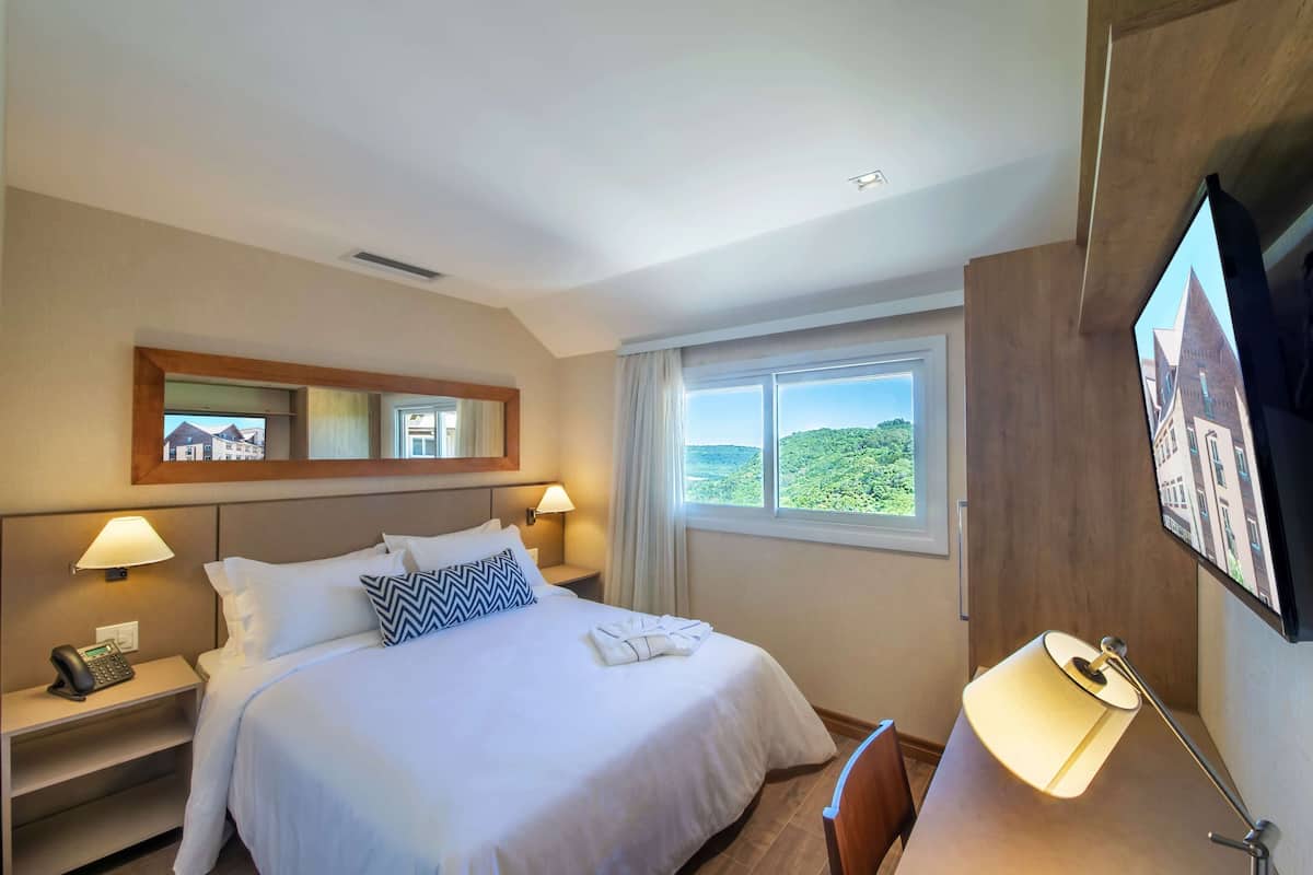 A hotel room with a bed, bedside lamps, a television, a window with a view, and a mirror above the bed.