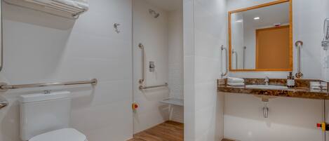 A bathroom with a white toilet, a shower with grab bars, a vanity with a mirror, and a towel rack.