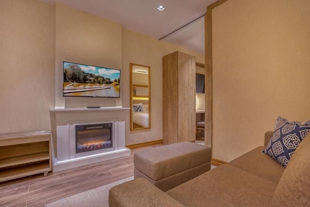 Una sala de estar moderna con chimenea, televisor de pantalla plana, sofá y estantería.