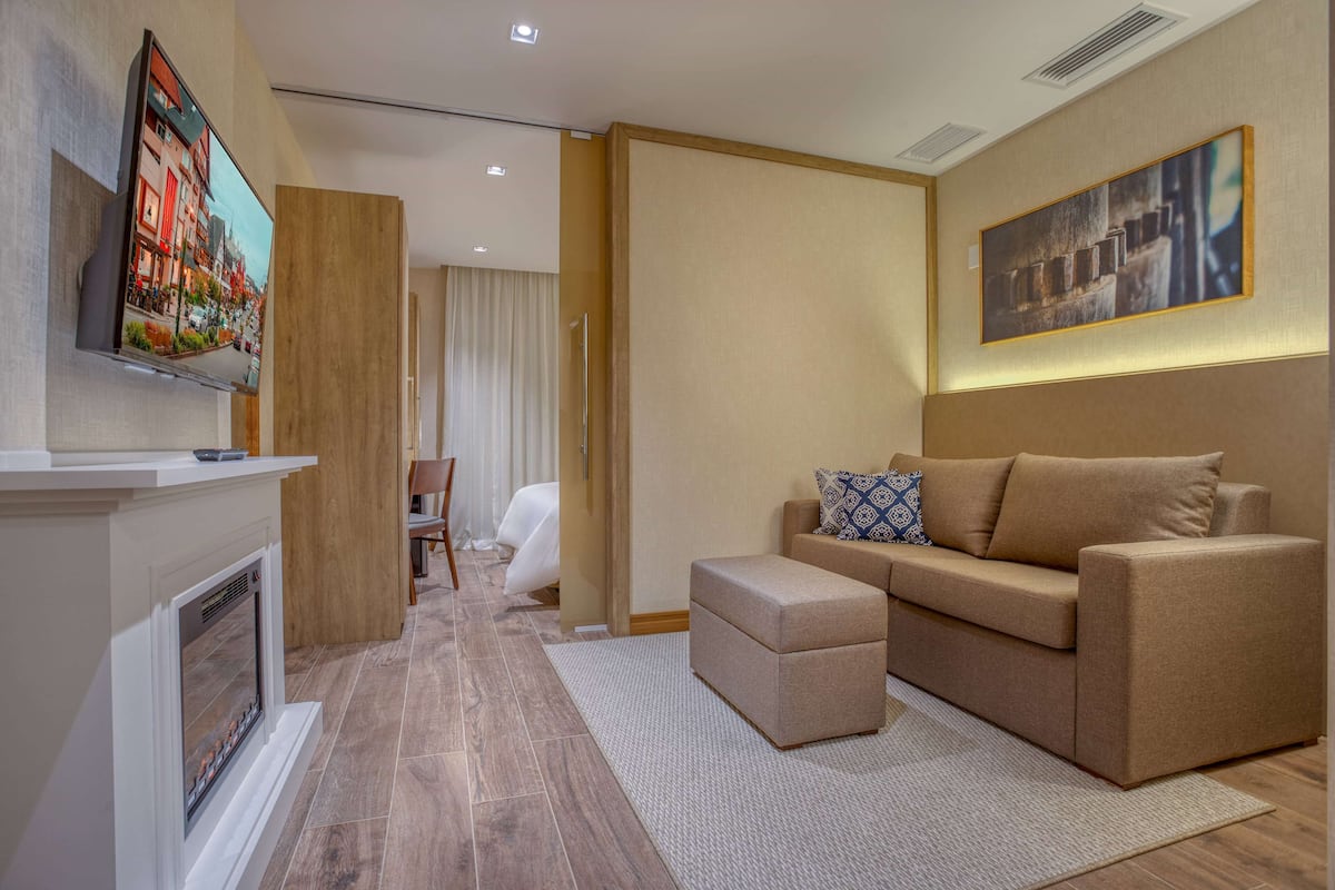 A modern living room with a fireplace, a sofa, a television mounted on the wall, and a painting above the sofa.