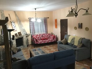 Smart TV, fireplace, books, stereo