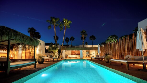 A swimming pool with lounge chairs and palm trees at dusk.