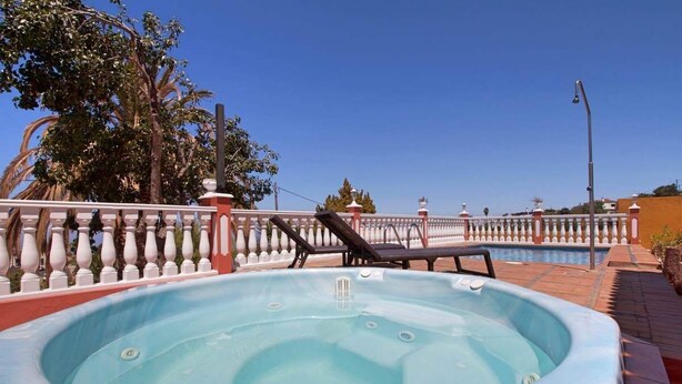 Un jacuzzi con barandilla blanca, una palmera y un cielo azul despejado.