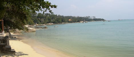 A beach with clear water, a sandy shore, and a backdrop of trees and buildings.