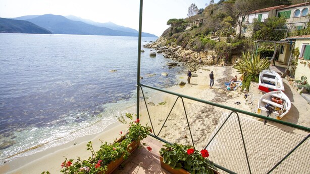 A coastal view with a clear beach, rocky shoreline, and a mountainous backdrop. - APPARTAMENTO IL SOTTOMARINO - IL SOTTOMARINO (Portoferraio)
