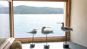 Three seagulls perched on a window sill with a view of a lake and hills in the background. - APPARTAMENTO IL SOTTOMARINO - IL SOTTOMARINO (Portoferraio)