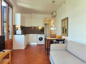 Un espace de vie compact comprenant un coin cuisine, un lave-linge, un coin repas avec un ordinateur portable et un panier de fruits, ainsi qu’un canapé.