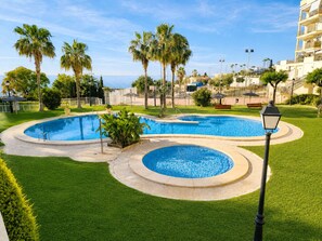 A swimming pool with a circular design, surrounded by well-maintained grass and palm trees.