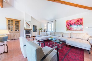 Télévision, cheminée, lecteur de DVD, chaîne hi-fi