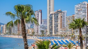 A beachside cityscape with high-rise buildings, palm trees, and a sandy beach with blue umbrellas. - Veracruz 18-A (Benidorm)