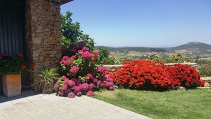 A garden with red and pink flowers, a stone wall, and a view of distant hills.