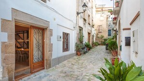 A narrow cobblestone street flanked by buildings with stone facades and wooden doors.