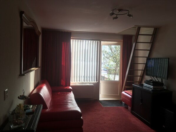 A room with a red sofa, a television on a stand, a window with curtains, and a door leading outside.
