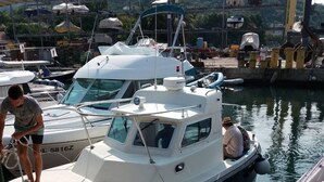 A docked boat with a cabin and a person standing on the dock.
