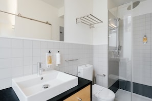 Shower, hair dryer, towels