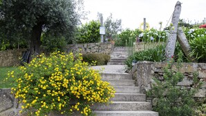 A stone staircase with yellow flowers, surrounded by greenery and a stone wall.