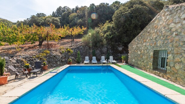 Una piscina rectangular con un muro de piedra en un lado y una fila de sillones blancos a lo largo del borde.