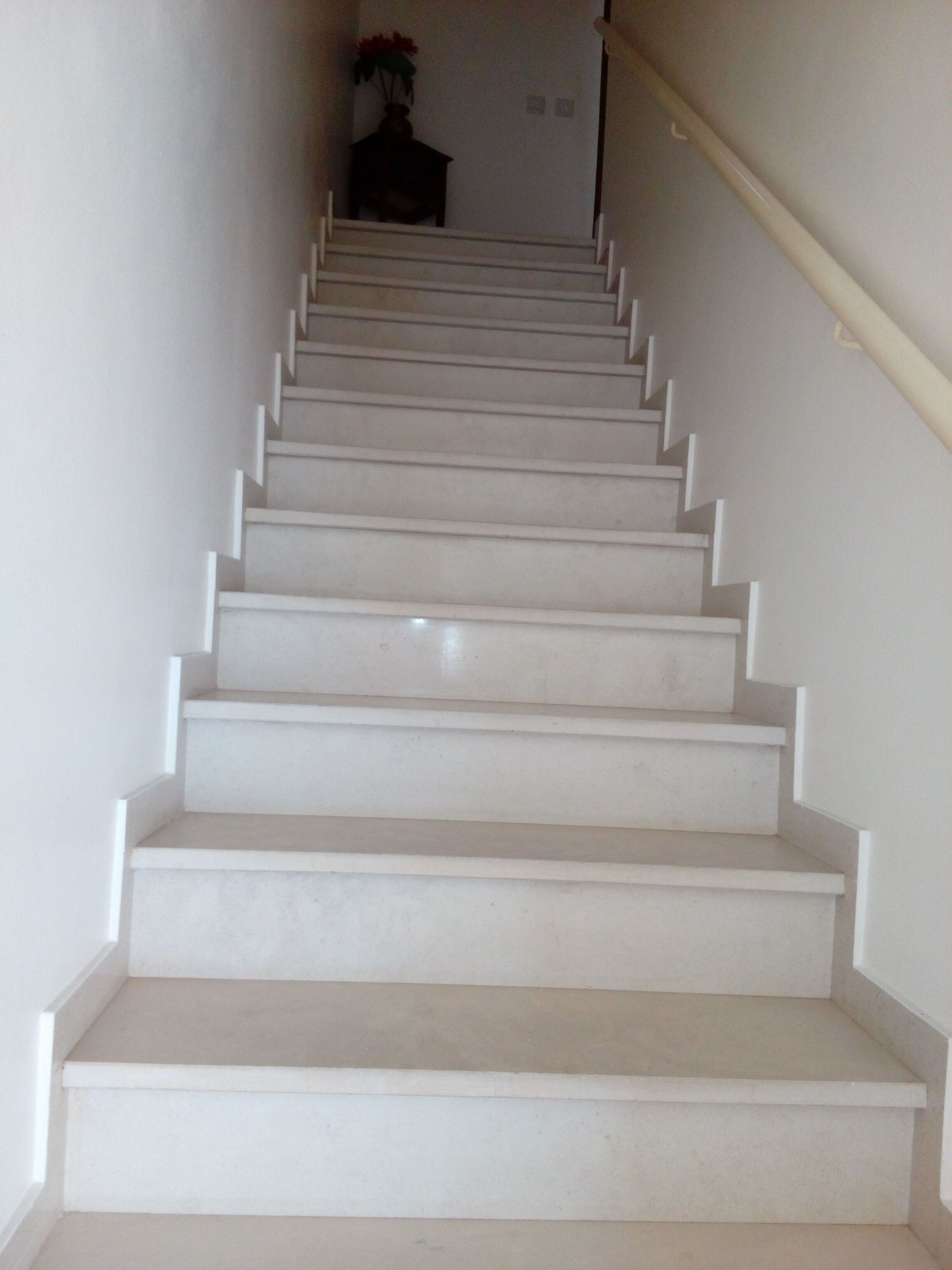 A staircase with white steps and a handrail, leading to a room with a dark-colored door and a vase with flowers.