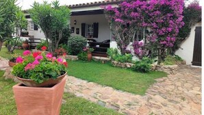 A garden with potted plants and a house with a tiled roof.