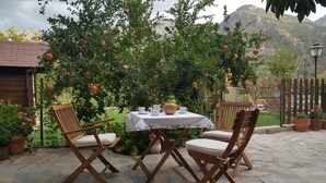 An outdoor seating area with two wooden chairs and a table, surrounded by lush greenery and fruit trees. - OLIVILLAS GARDEN - BASE POINT ACCESS SIERRA NEVADA AND GRANADA (Güejar Sierra)