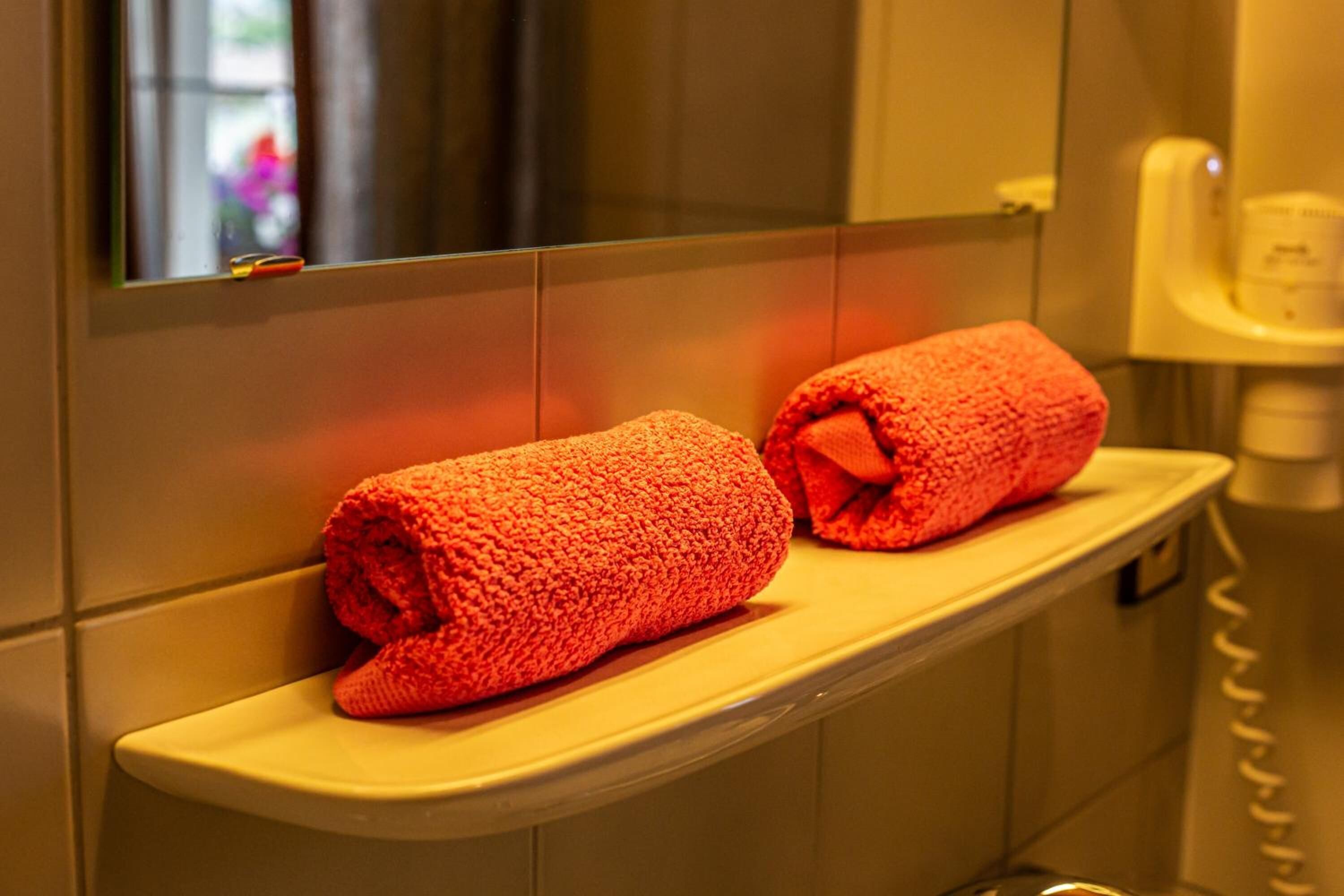 A bathroom with a toilet, a towel rack, and a mirror.