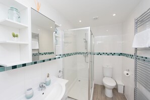 Une salle de bain moderne avec une douche à parois de verre, un lavabo blanc avec un miroir au-dessus, et des toilettes avec une petite poubelle à côté.
