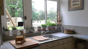 Uma cozinha com bancada de granito, tábua de corte de madeira, pia e plantas em vasos no parapeito da janela.