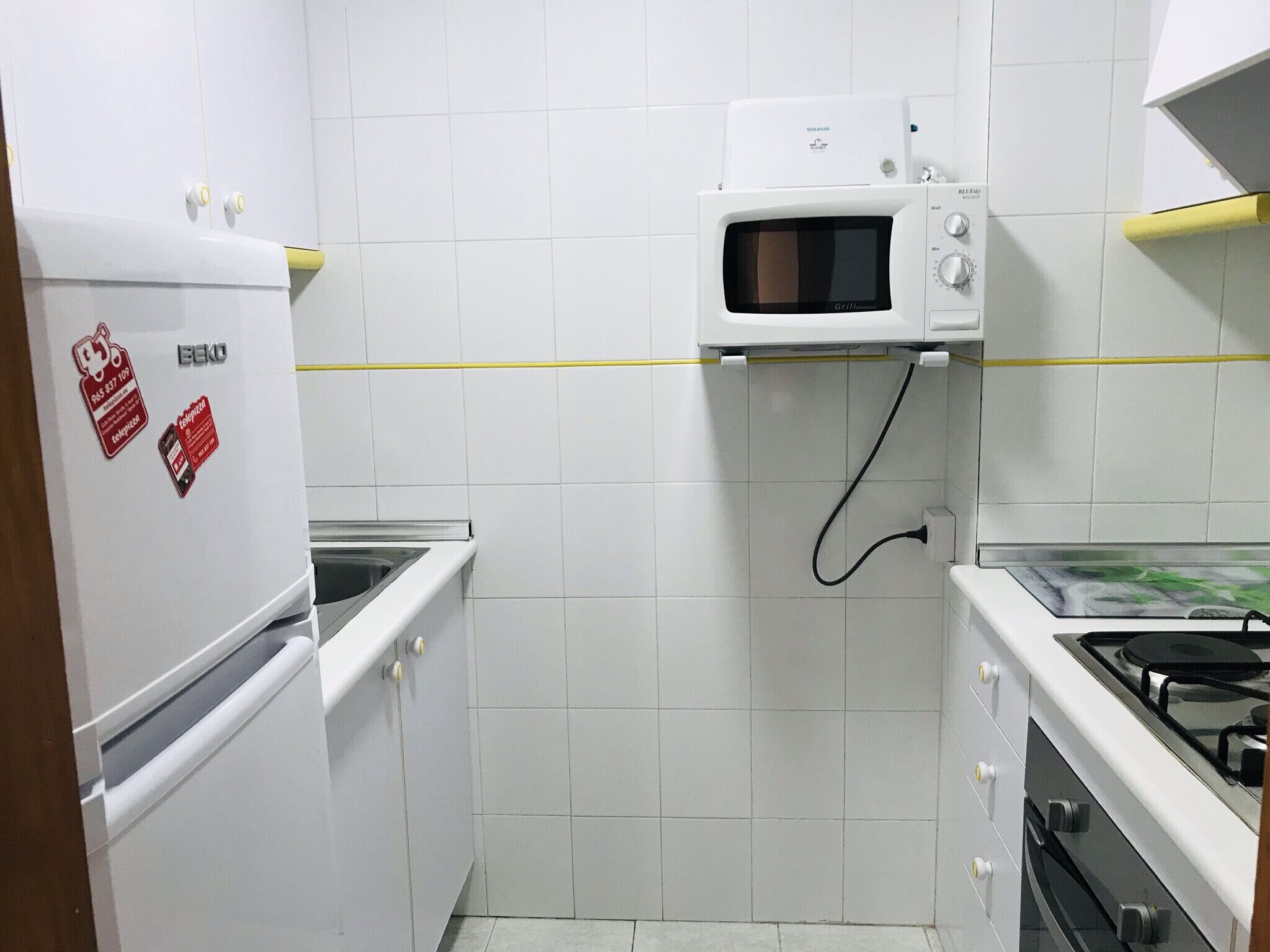 A compact kitchen with a refrigerator, microwave, and stove.