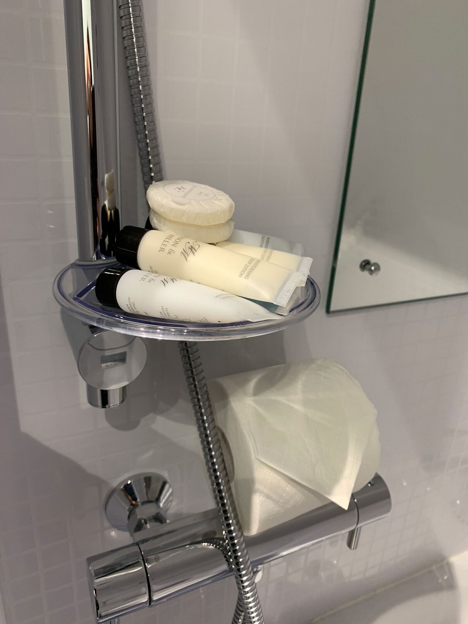A bathroom with a glass shelf holding toiletries, a shower head, and a towel rack.