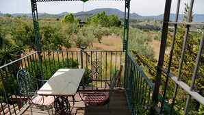 Une terrasse avec une table et des chaises, entourée d’une rambarde en métal, d’où l’on peut admirer un vignoble et des collines lointaines.