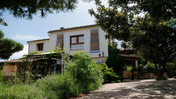 Une maison à deux étages avec une allée pavée et une végétation luxuriante.